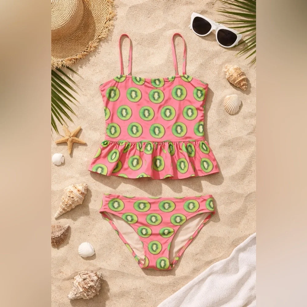 Crewcuts J.Crew Kiwi Print Tankini Swimsuit Set Girls Size 16 Pink Ruffle